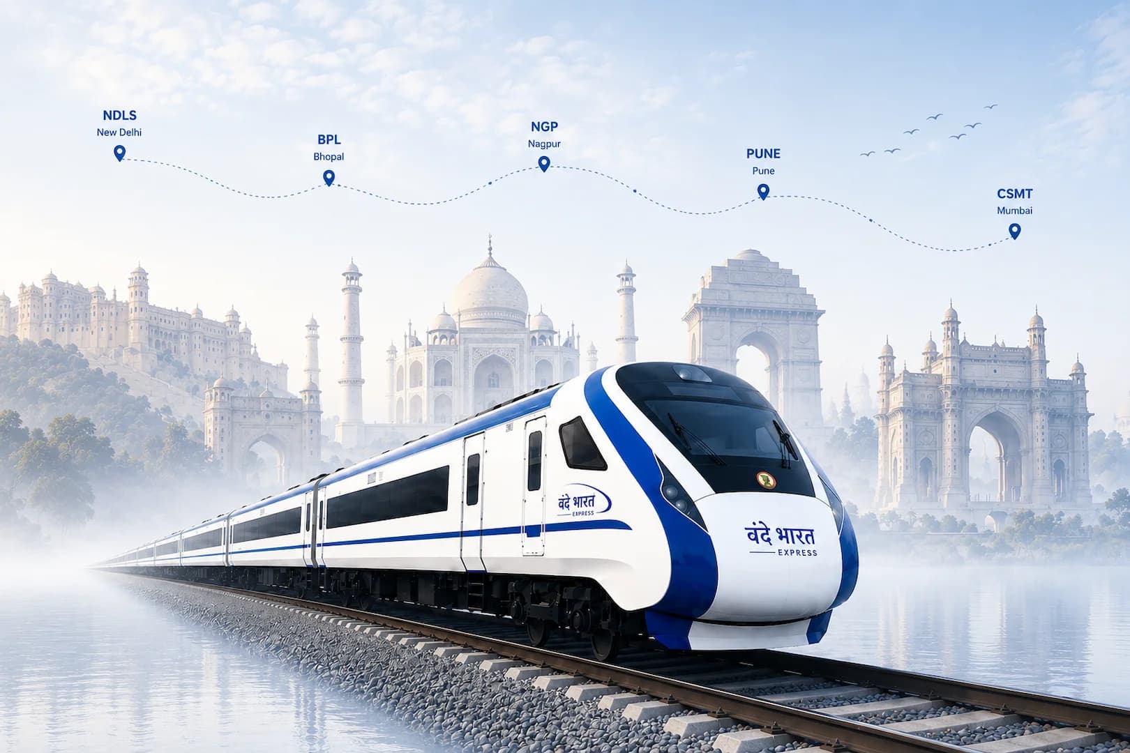 Vande Bharat Express on a scenic Indian railway route